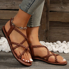 Women's Solid Braided Flat Sandals Casual Elastic Band Summer Shoes