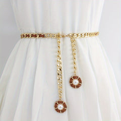 Women's Golden Waist Chain Faux Pearl Flower Pendant Dress Chain