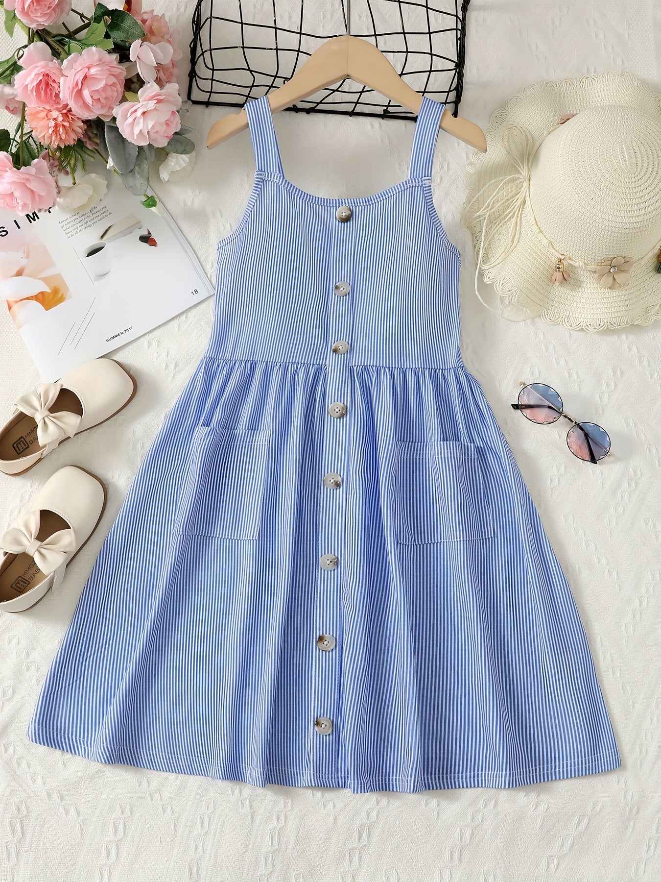 Girls Striped Button Front Summer Cami Dress with Pockets