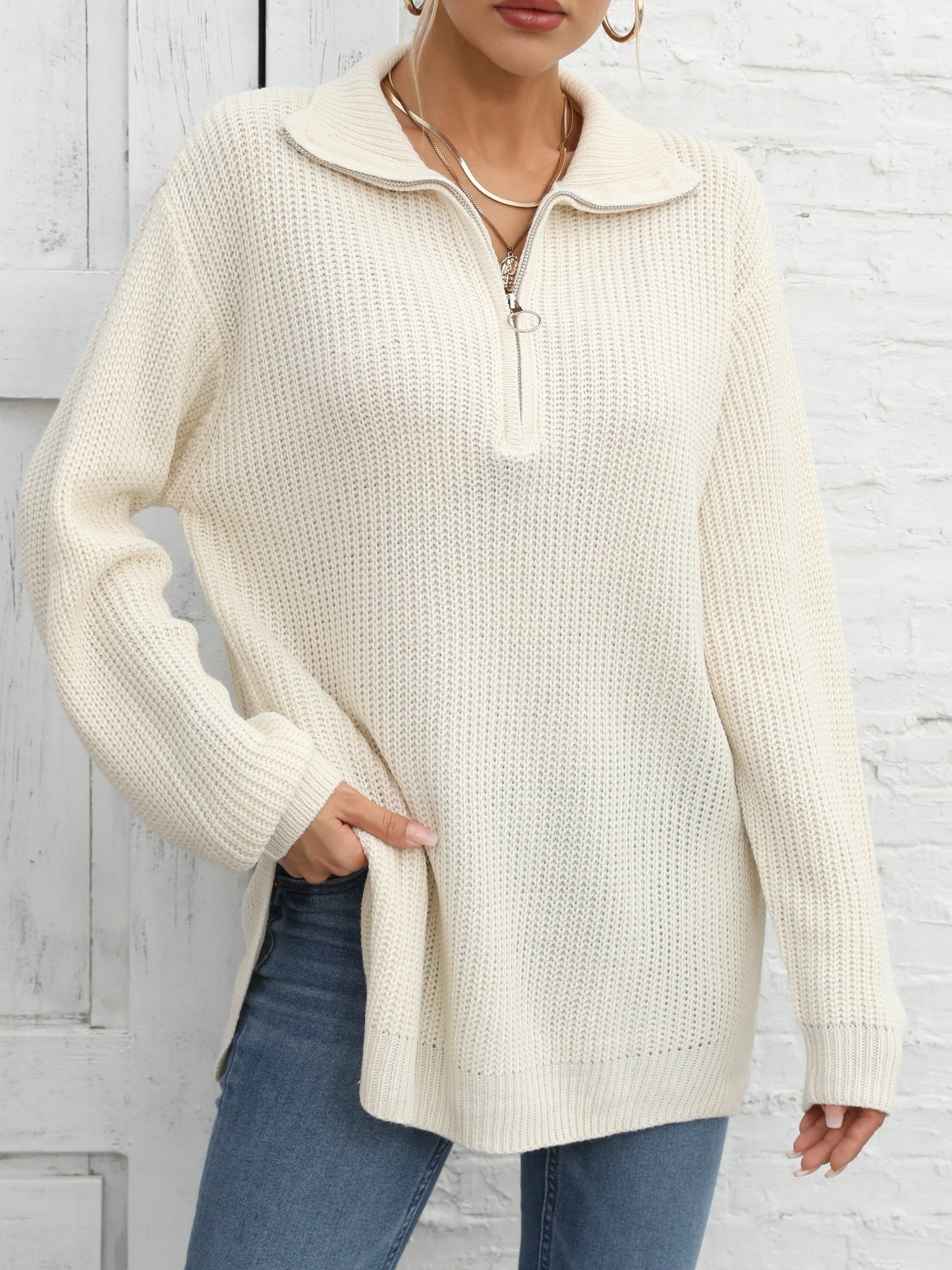Long Sleeve Half Zip Side Slit Sweater for Winter & Fall