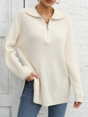 Long Sleeve Half Zip Side Slit Sweater for Winter & Fall