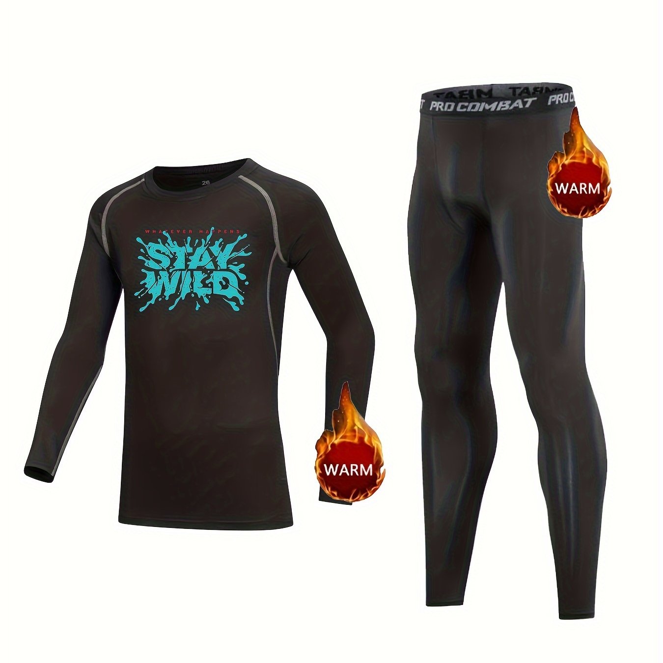 2pcs Kids Warm Compression Base Set STAY WILD Print Tops & Leggings