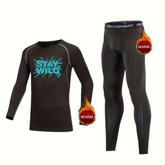 2pcs Kids Warm Compression Base Set STAY WILD Print Tops & Leggings