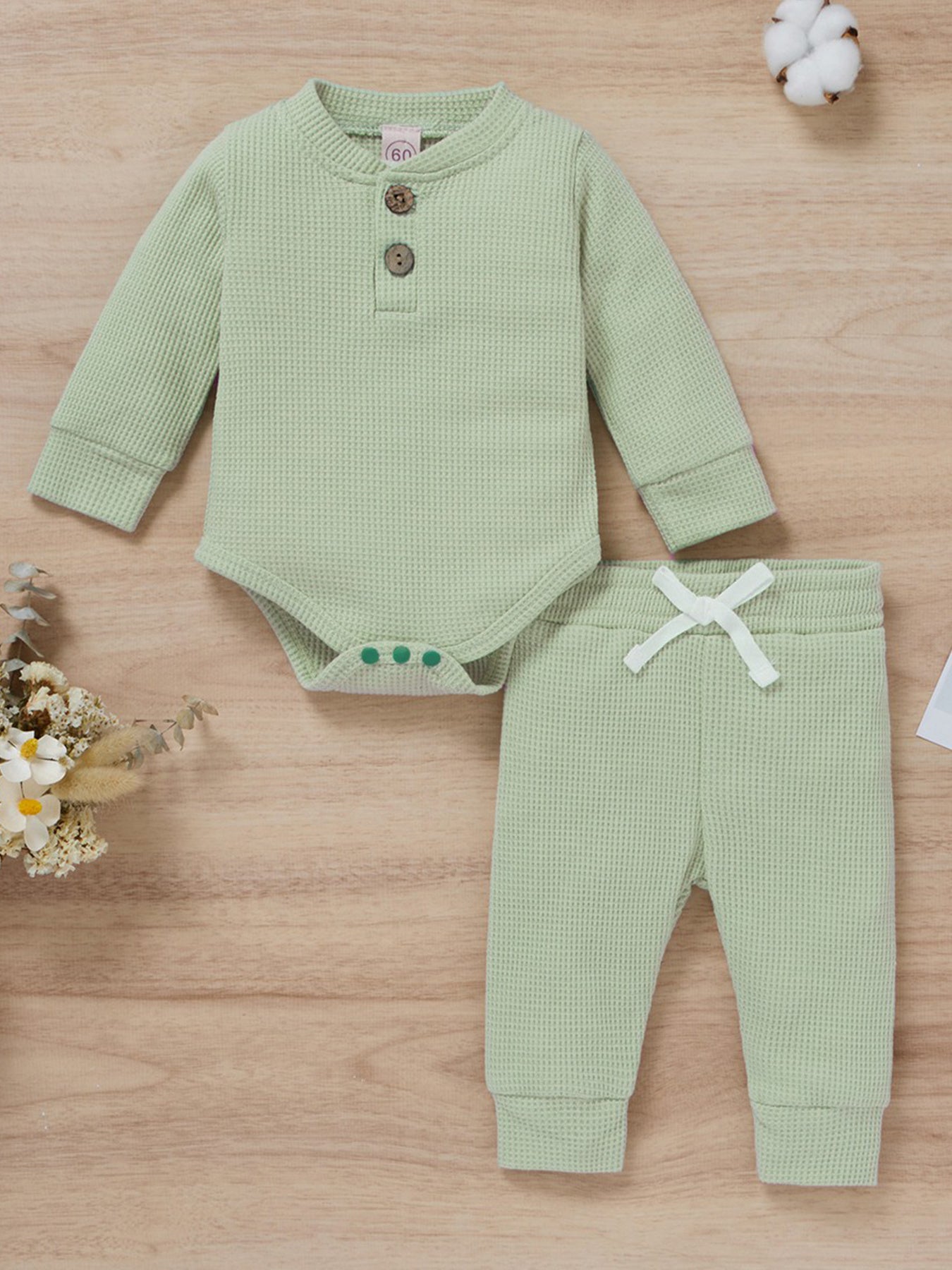 2pcs Unisex Newborn Baby Waffle Outfit Long Sleeve Button Tops