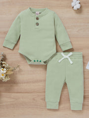2pcs Unisex Newborn Baby Waffle Outfit Long Sleeve Button Tops