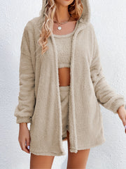 Cozy Lounge Set Long Sleeve Hooded Robe & Tank Top & Shorts