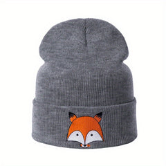 Cartoon Fox Embroidery Beanie Soft Elastic Knit Hat