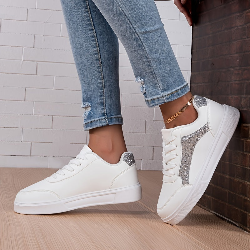 Glitter Faux Leather Skate Shoes Sequin Decor Non Slip Flat Sneakers