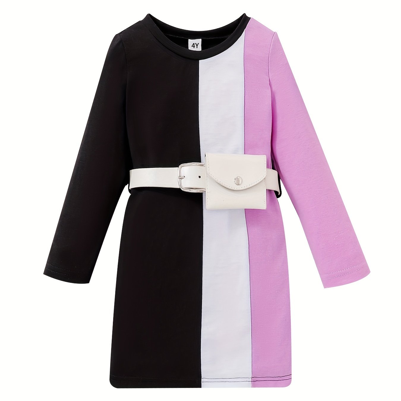 Girls' Colorblock Long Sleeve T Shirt Dress With Waistbag