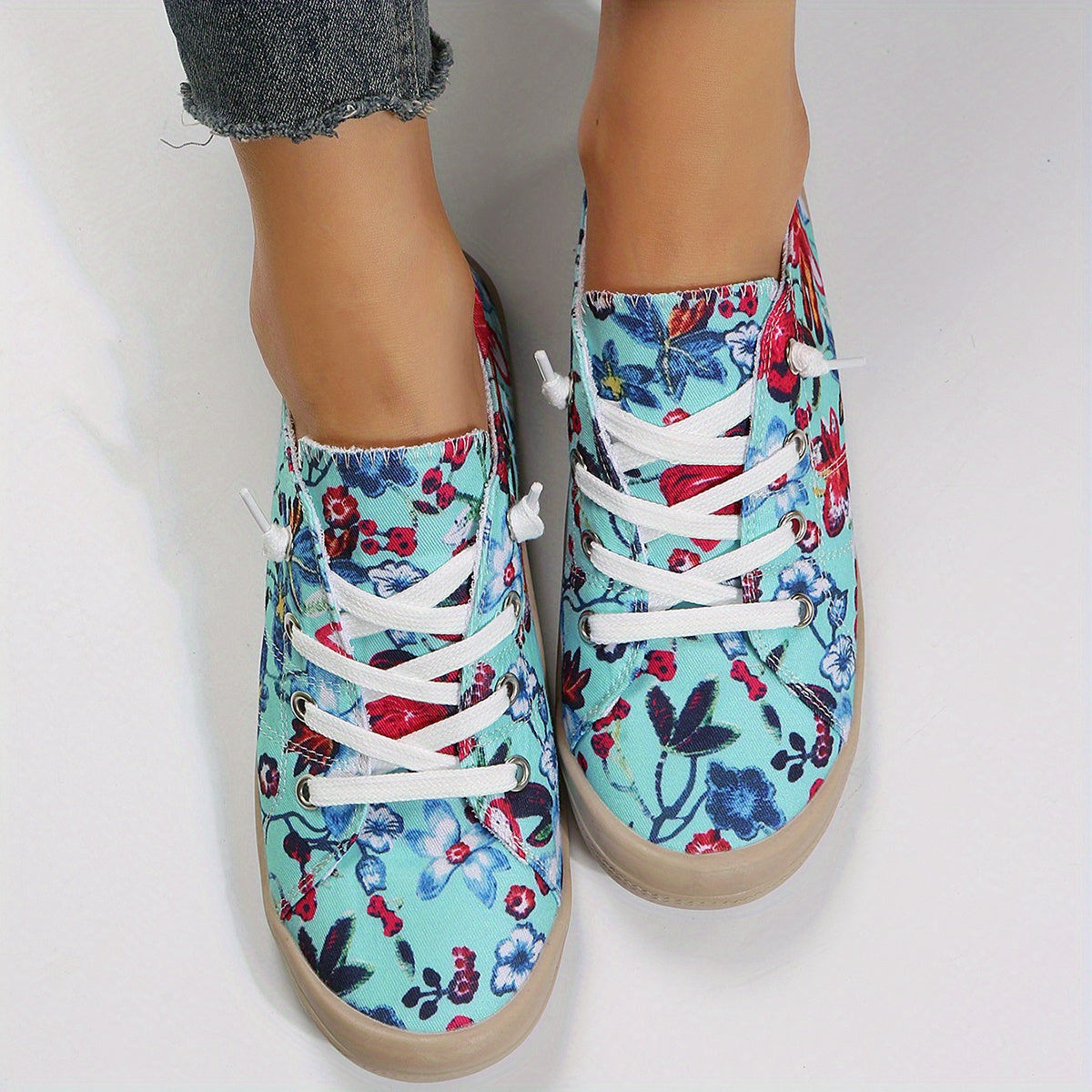 Floral Print Canvas Lace Up Flat Sneakers for Women
