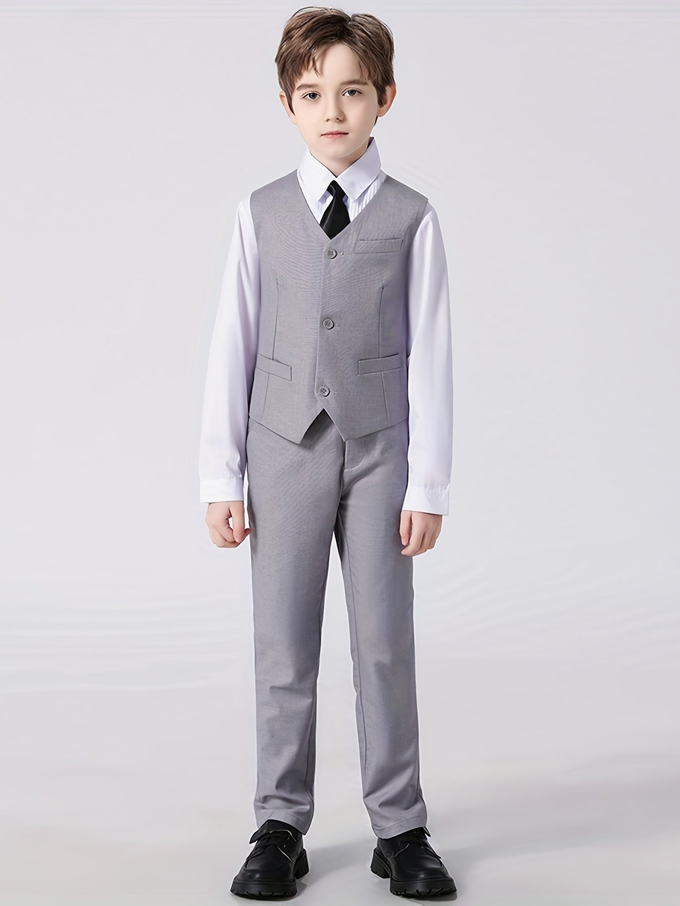 4pcs Boys Slim Fit Gentleman Outfit Set Long Sleeve Shirt&Pants&Vest&Tie