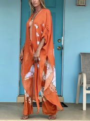 Orange Butterfly Print V Neck 2 Piece Beachwear Knot Front Kaftan Pants