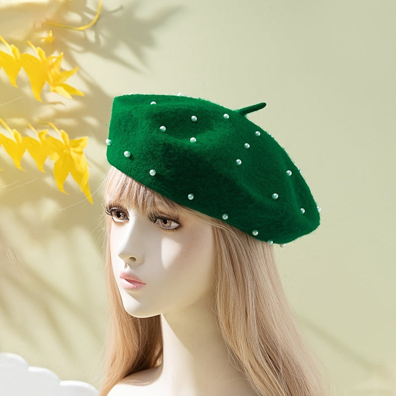 Women Faux Pearl Beret French Style Warm Hat Chinese Year Gift