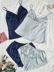 Solid Satin Pajama Set Draped Collar Cami Top & Shorts
