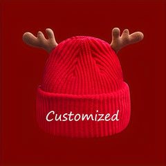 Personalized Christmas Red Knit Beanie Hat with Deer Antlers
