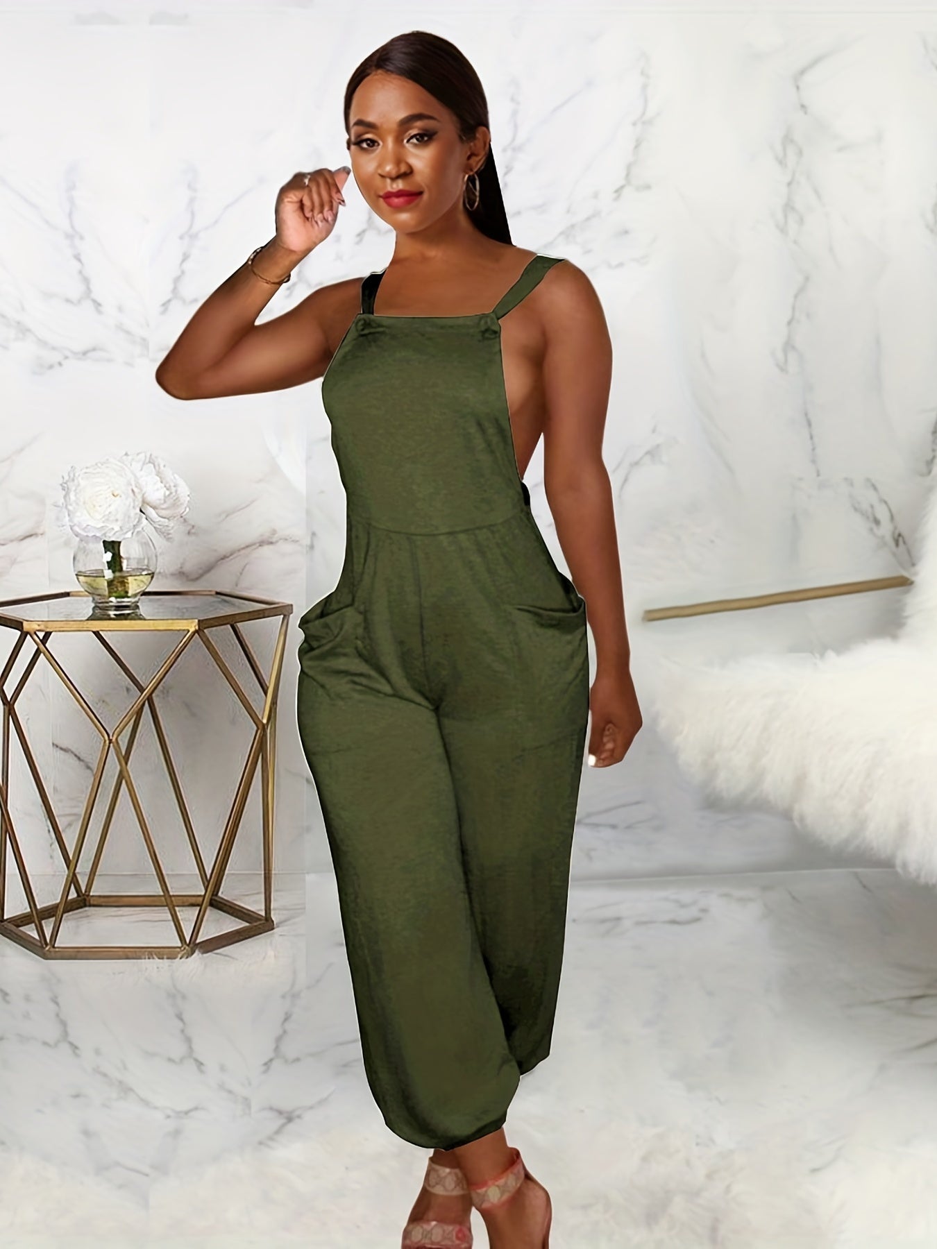 Backless Tie Dual Pockets Jumpsuit Sexy Sleeveless Jumpsuit