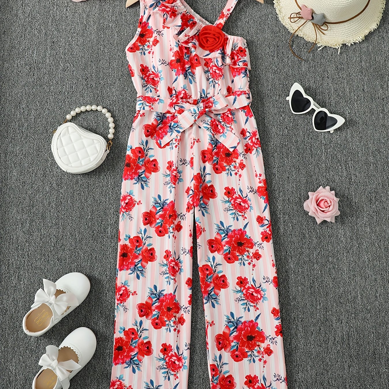 Girls Ruffle Trim Stripe Flowers Romper Jumpsuit For Beach Kids Summer Clothes