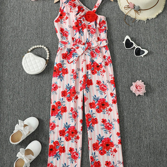 Girls Ruffle Trim Stripe Flowers Romper Jumpsuit For Beach Kids Summer Clothes