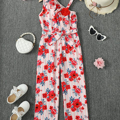 Girls Ruffle Trim Stripe Flowers Romper Jumpsuit For Beach Kids Summer Clothes