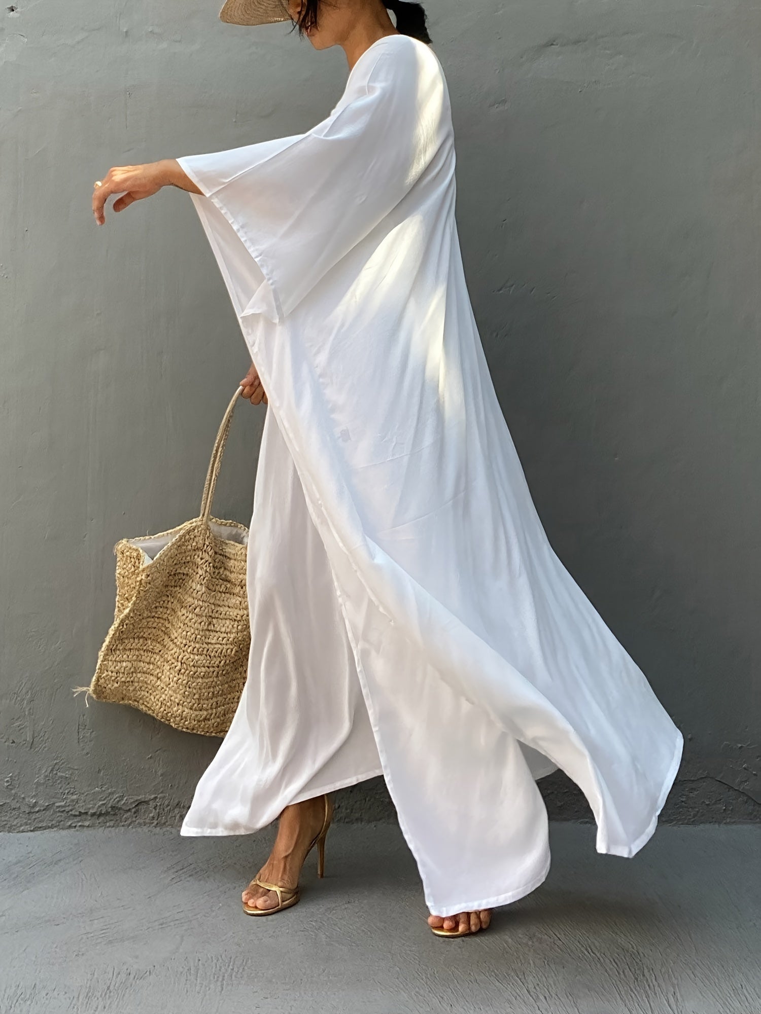 Boho Cover Up Women's Plus Solid Batwing Sleeve V Neck Split Maxi