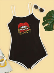 Lips Print Slip Pajama Romper Scoop Neck Sleeveless Lingerie & Sleepwear