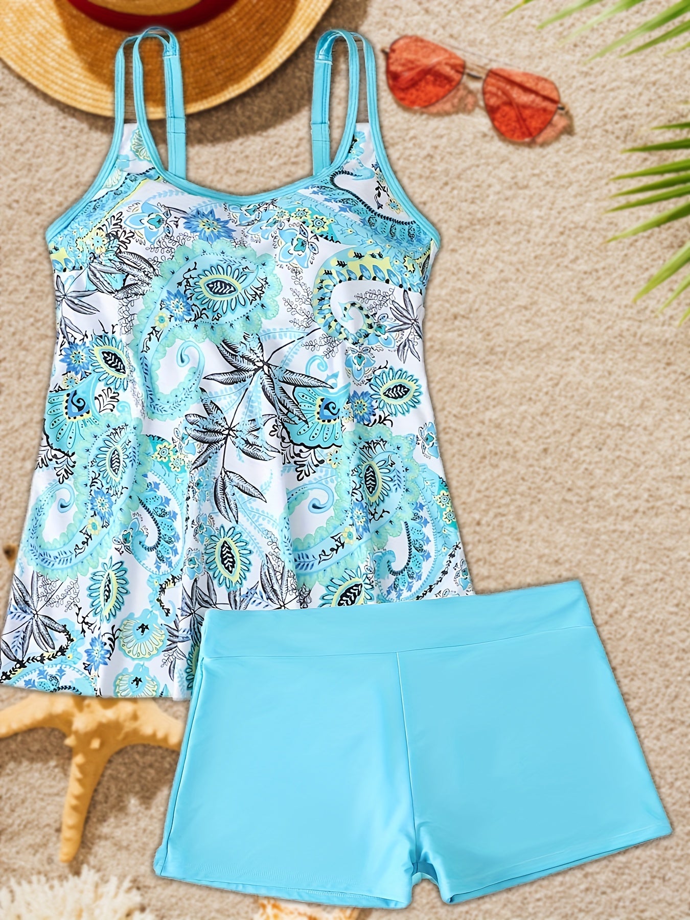 Paisley & Leaf Print Tankini Set with Cami Top & Shorts