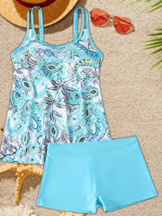 Paisley & Leaf Print Tankini Set with Cami Top & Shorts