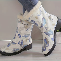 Women's Butterfly Pattern Fleece Lining Winter Mid Calf Boots