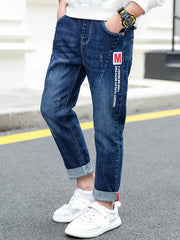 Boys Casual Letter Print Denim Long Pants With Pocket