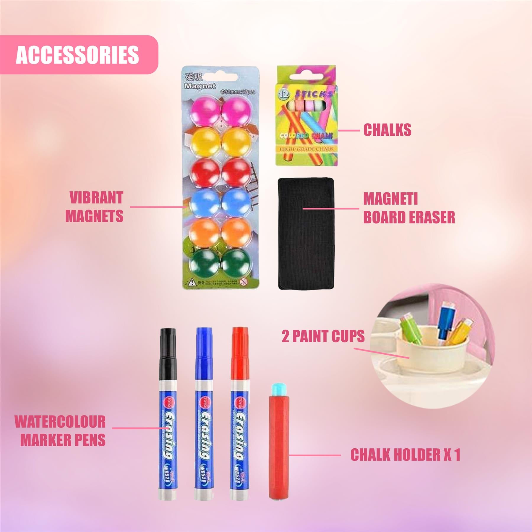 Double Sided Magnetic Drawing Board Easel Colour Chalk Pink