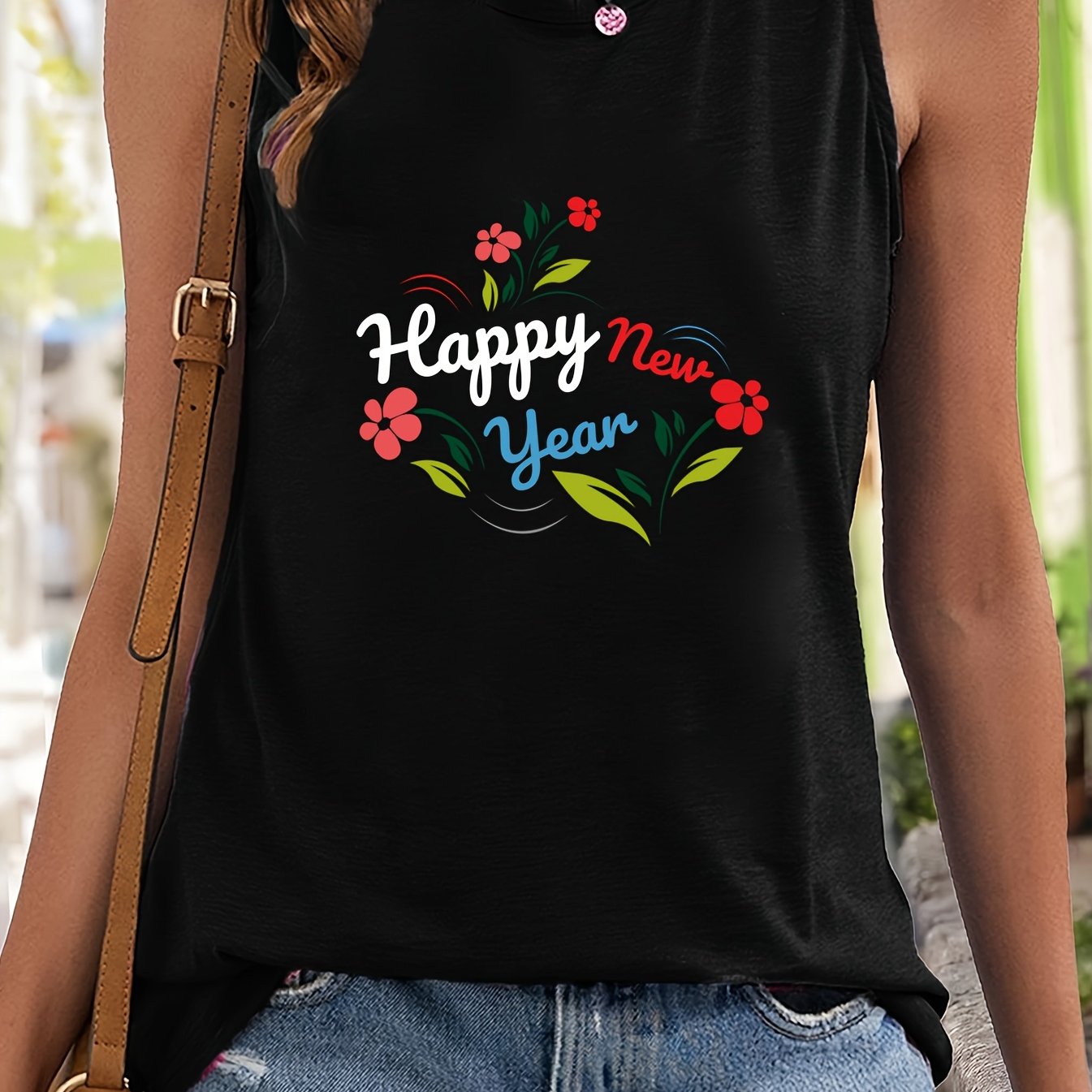 Floral & Letter Print Sleeveless Sports Vest Round Neck Stretchy Casual Tops