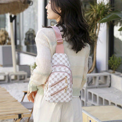 Plaid Pattern Sling Bag Zipper Front Chest Purse PU Leather Crossbody Bag