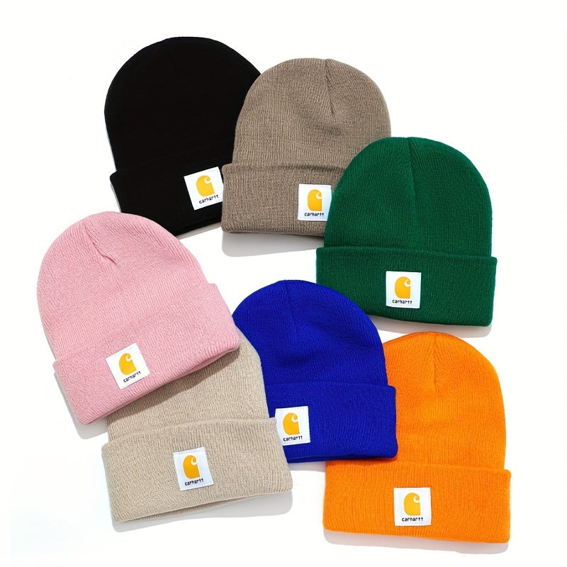 Classic Label Patch Beanie Unisex Candy Knit Hat Elastic Lightweight