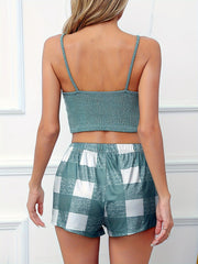 Plaid Print Pajama Set Crew Neck Cami Top & Lace Up Shorts