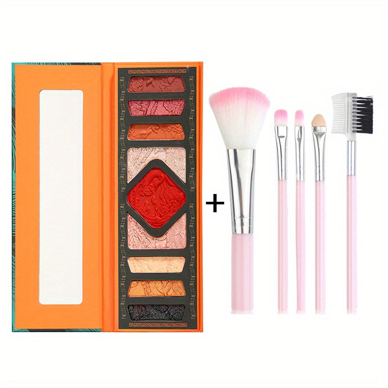 9 Colors Relief Eyeshadow Palette With 5pcs Pink Brush Set