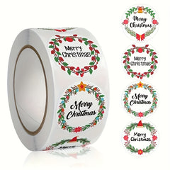 2 Rolls 1000pcs Merry Christmas Holiday Stickers - Adhesive Wreath Stickers