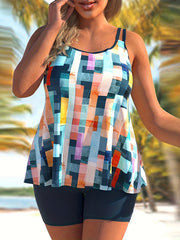 Colorblock Tankini Set Women's Plus Round Neck Tank Top & Shorts Swims