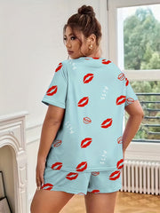 Kiss & Lips Print Tee & Shorts Comfort Loungewear Set