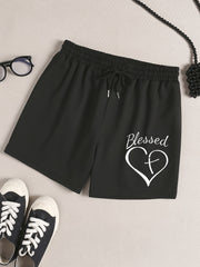 Women's Plus Cross Heart & Letter Drawstring Shorts