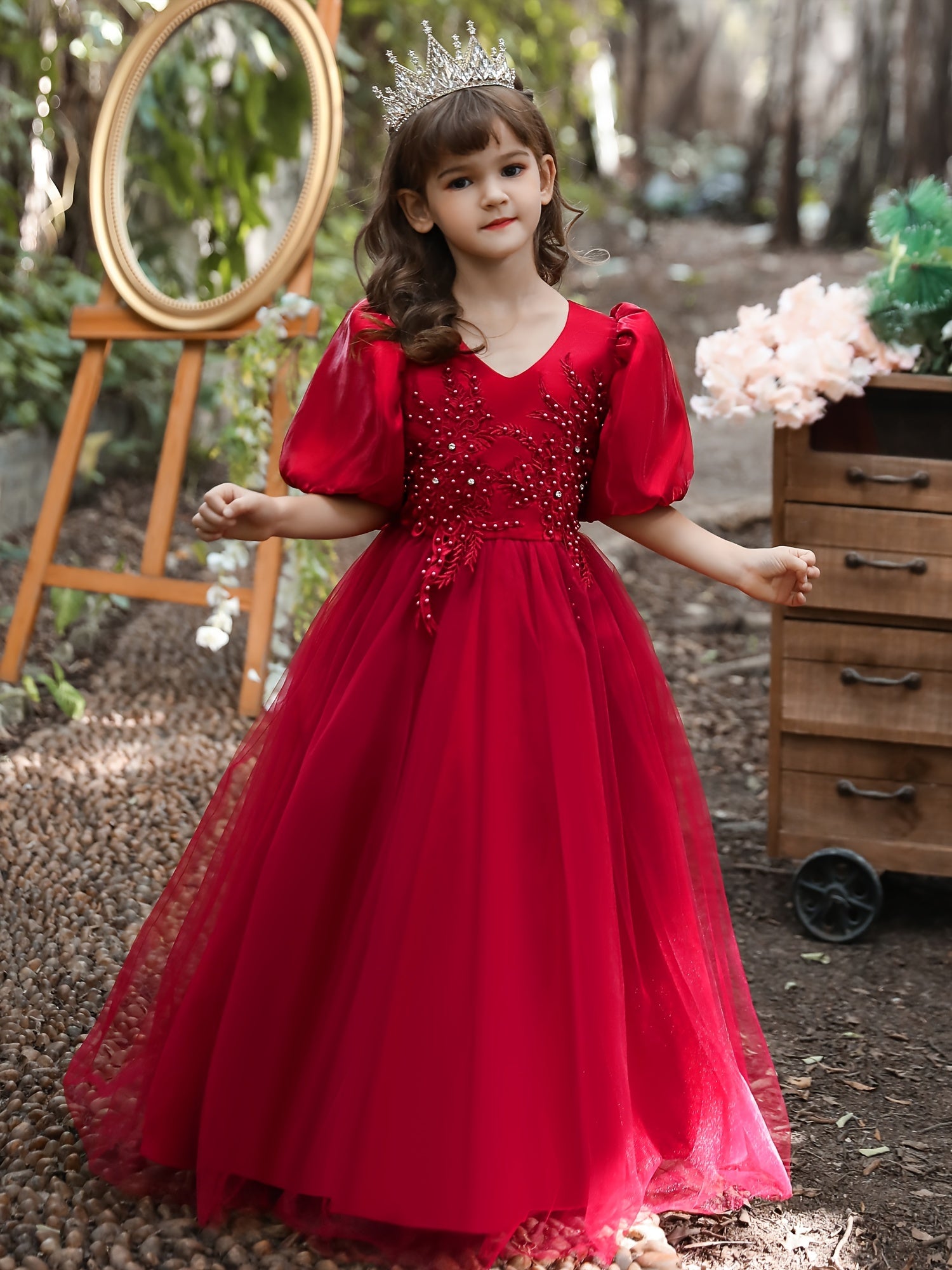 Girls Puff Sleeve Tulle Princess Dress Flower Embroidery Chinese Christmas Party