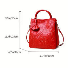 Red Floral Leather Crossbody Bag for Women
