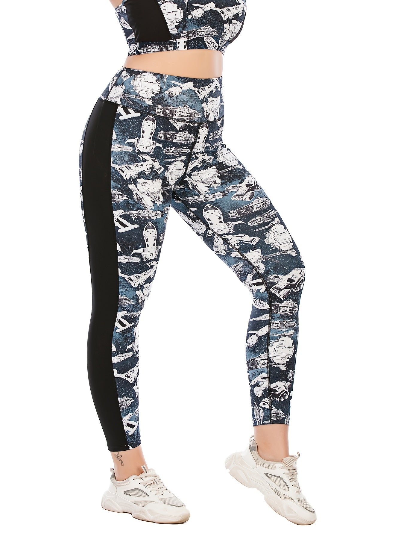 Colorblock Spaceship Print Yoga Sports Leggings Plus Size