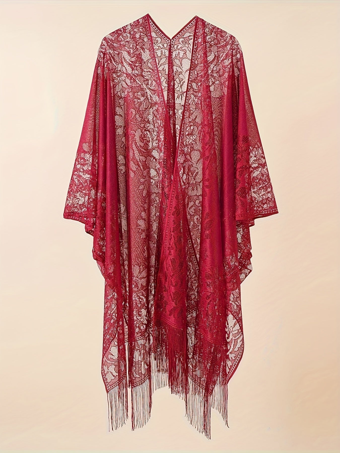 Lace Batwing Sleeve Beach Cover Up with Tassel Trim