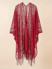 Lace Batwing Sleeve Beach Cover Up with Tassel Trim