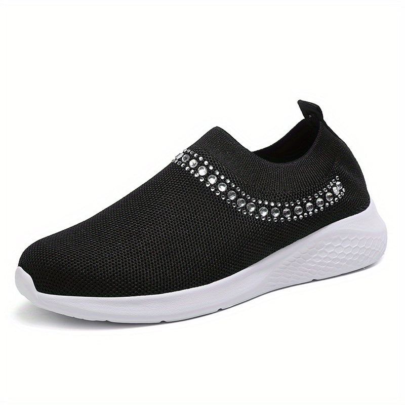 Women's Breathable Knit Sneakers Low Top Faux Rhinestone Casual Shoes