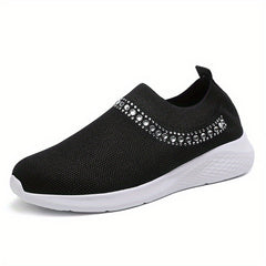 Women's Breathable Knit Sneakers Low Top Faux Rhinestone Casual Shoes