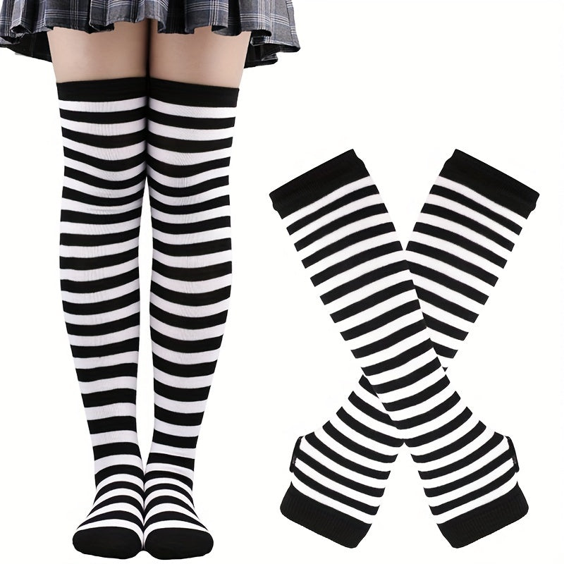 Striped Arm Sleeve Gloves & Thigh High Socks Set for Cosplay & Parties
