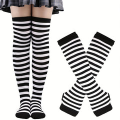 Striped Arm Sleeve Gloves & Thigh High Socks Set for Cosplay & Parties