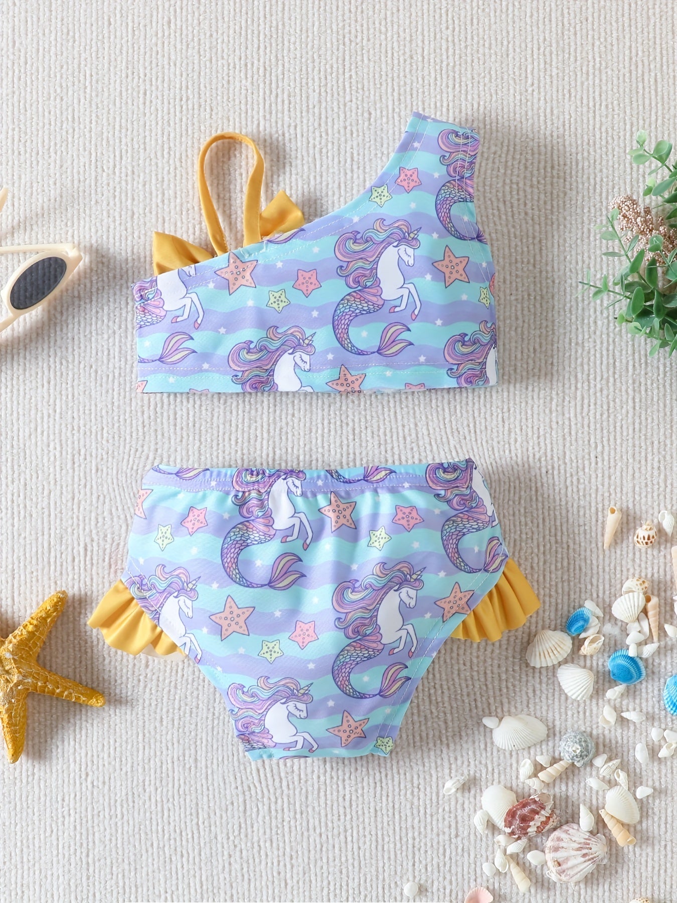 Toddler Girls' Unicorn Graphic 2pcs Swimwear Set with Bow Shoulder Top