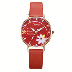 Flower Smile Face Cartoon Girls Quartz Watch Leather Daughter Gift